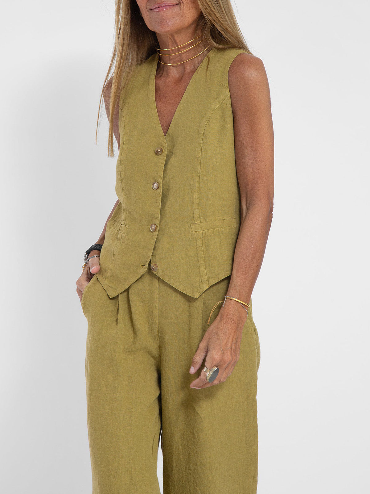 Rosea Buttoned Vest and Wide-Leg Trousers Set