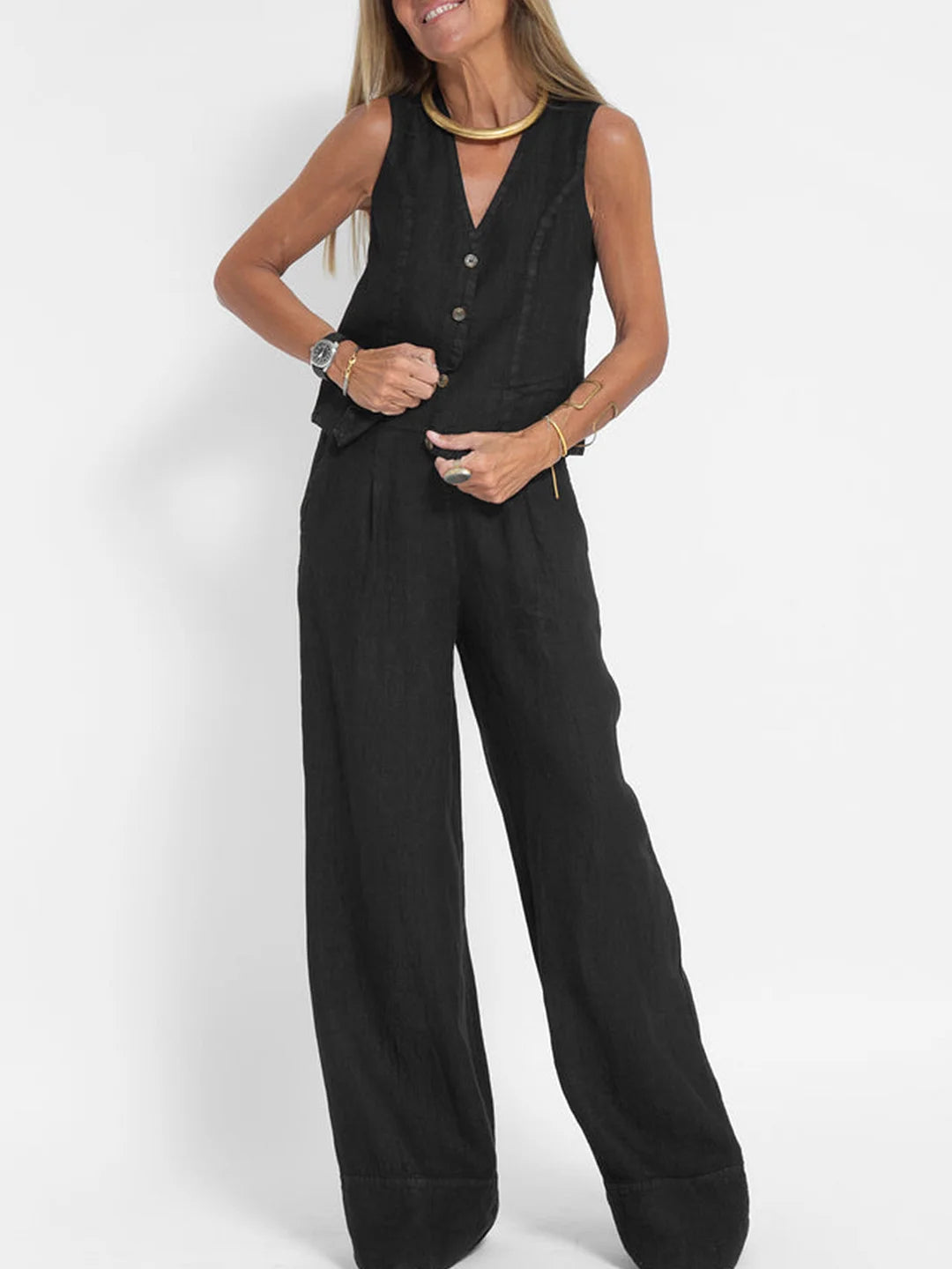 Rosea Buttoned Vest and Wide-Leg Trousers Set