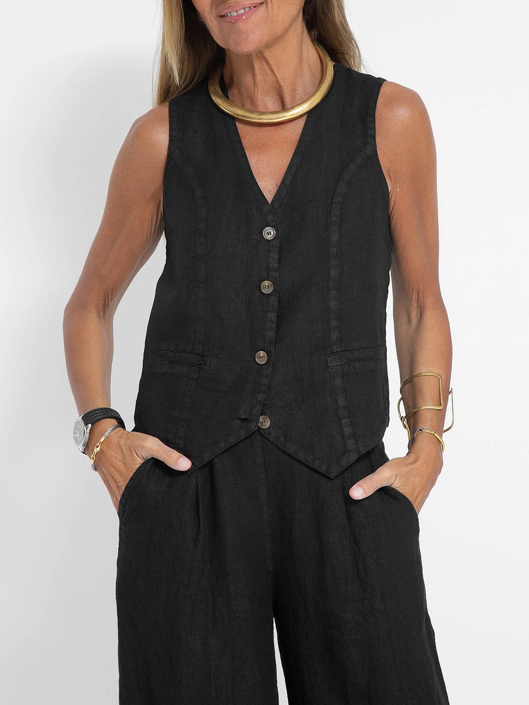 Rosea Buttoned Vest and Wide-Leg Trousers Set