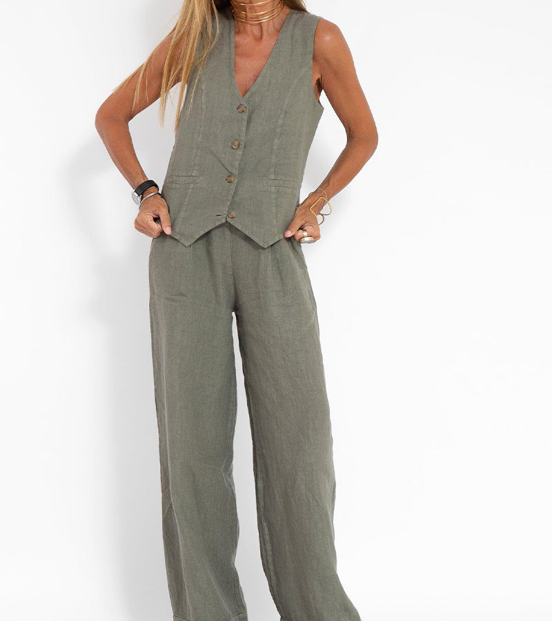 Rosea Buttoned Vest and Wide-Leg Trousers Set
