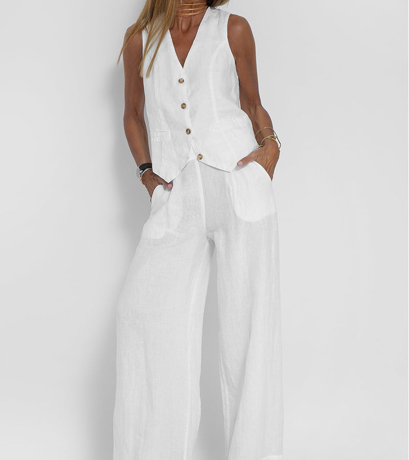 Rosea Buttoned Vest and Wide-Leg Trousers Set