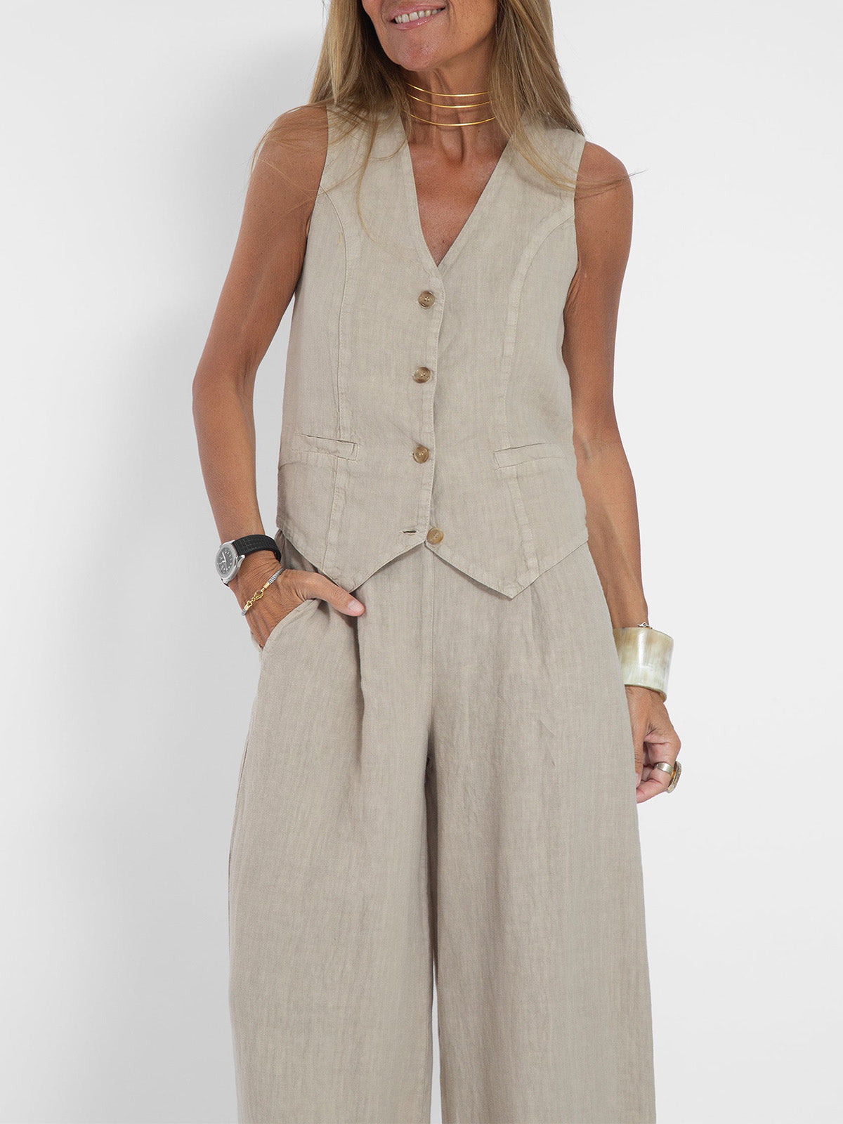Rosea Buttoned Vest and Wide-Leg Trousers Set