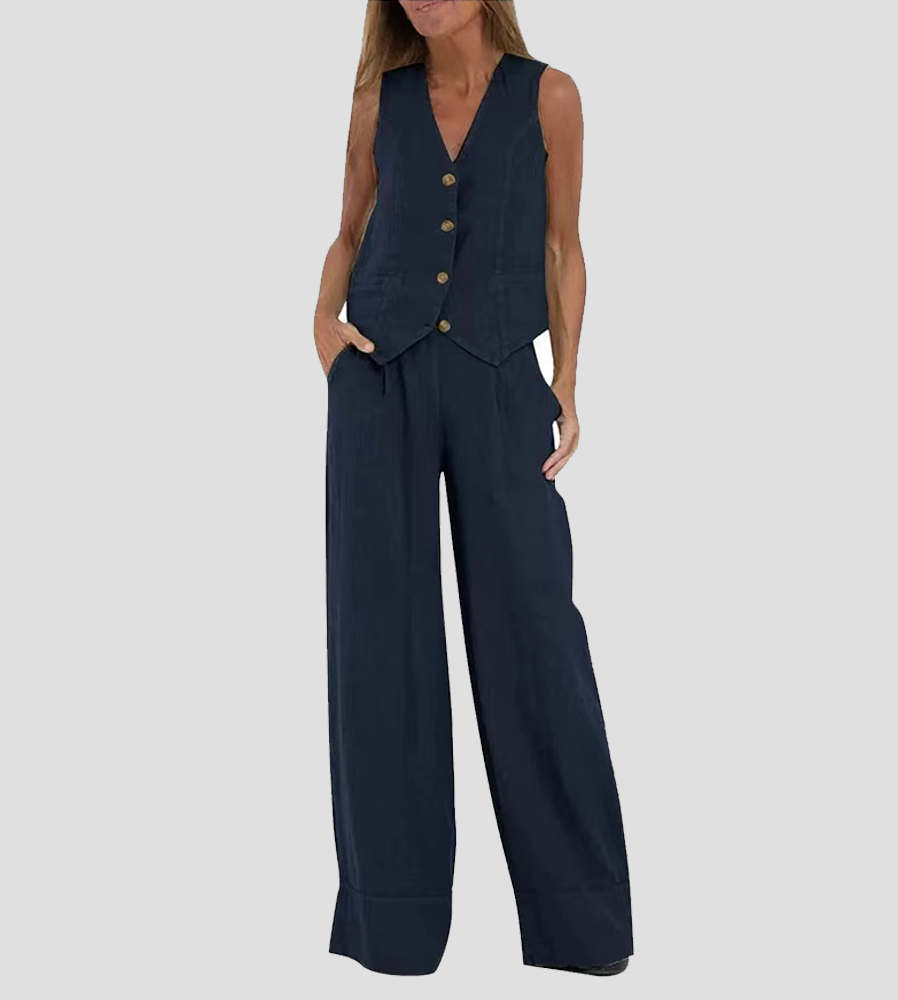 Rosea Buttoned Vest and Wide-Leg Trousers Set