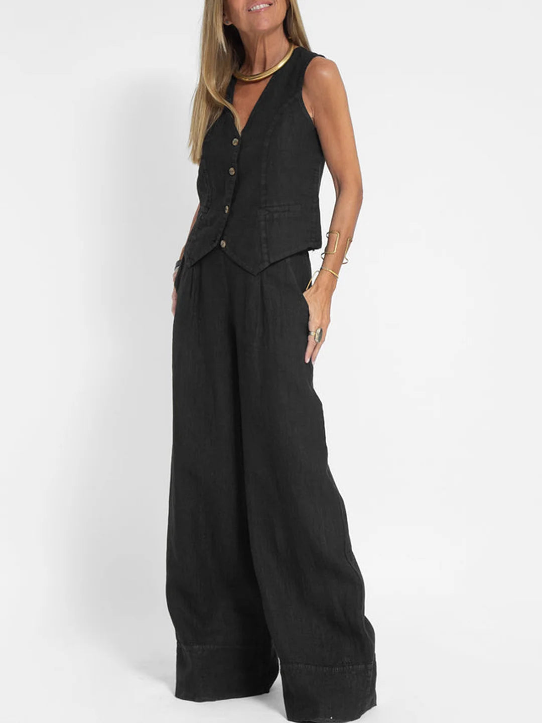 Rosea Buttoned Vest and Wide-Leg Trousers Set