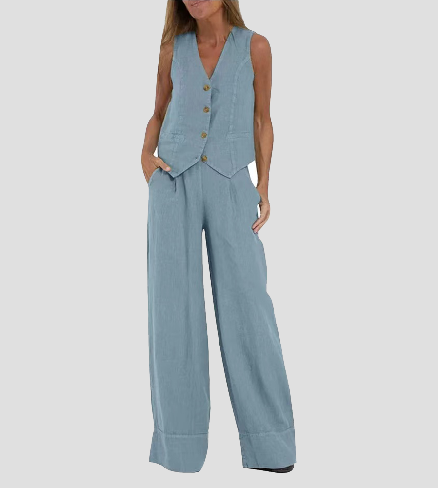 Rosea Buttoned Vest and Wide-Leg Trousers Set