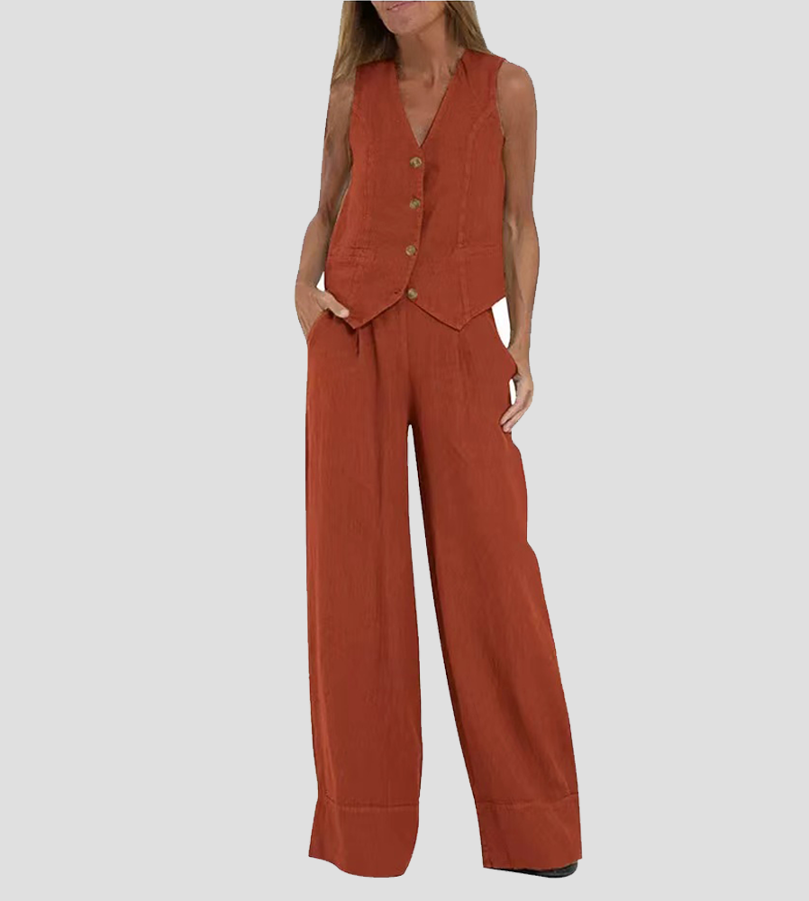 Rosea Buttoned Vest and Wide-Leg Trousers Set