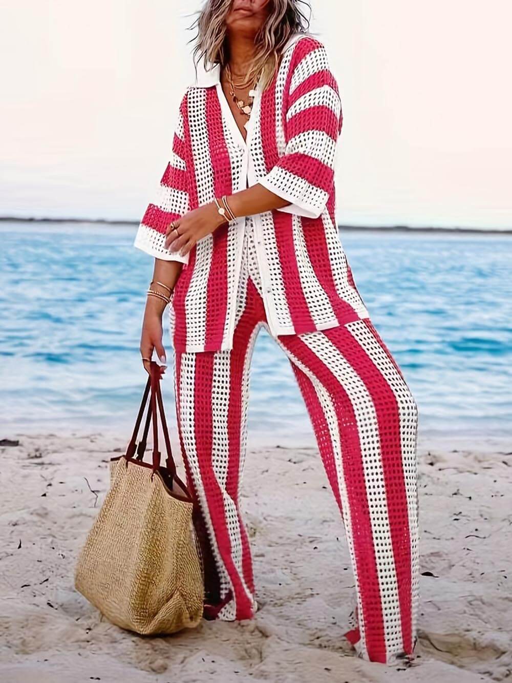 Rosea Trendy Two Piece Striped Shirt and Pant Set