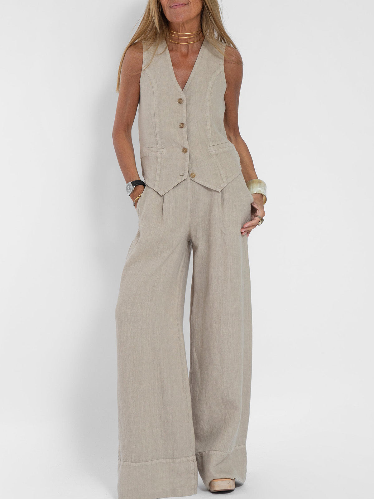 Rosea Buttoned Vest and Wide-Leg Trousers Set