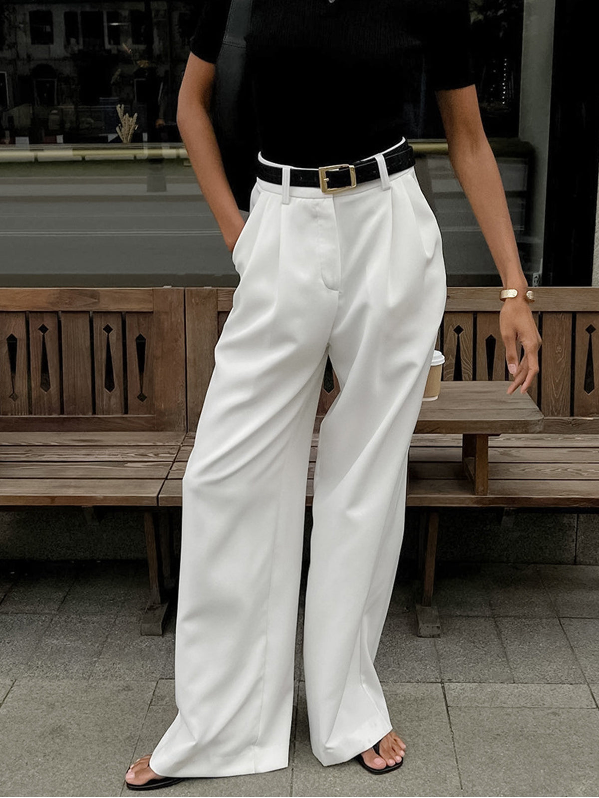 Rosea Solid Wide Leg Pants Without Belt