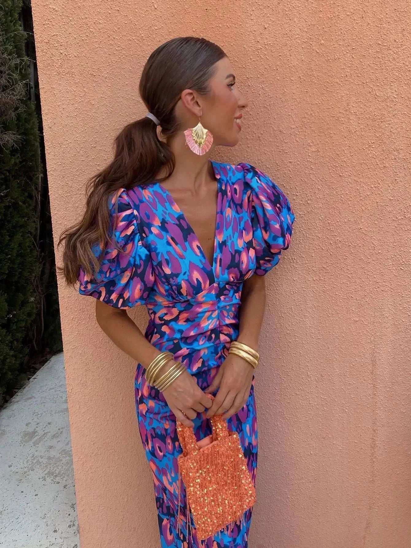Rosea Vibrant Puff Sleeve Dress